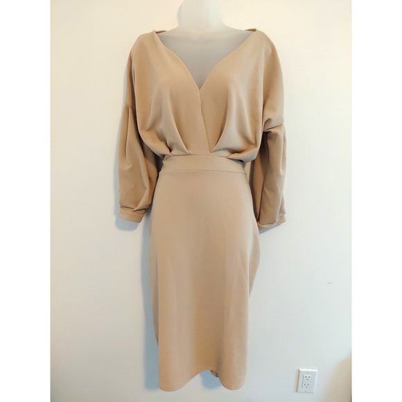 Boohoo Dresses & Skirts - Boohoo Midi Dress Womens 14 Beige Deep V Tie Back 3/4 Slouch Sleeve Modern Chic